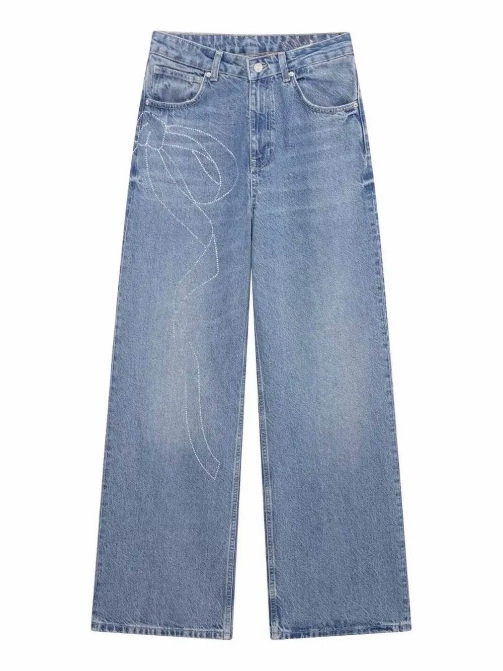 Zara Wide Leg Light Blue Jeans with Ribbon Rhinestone Detail